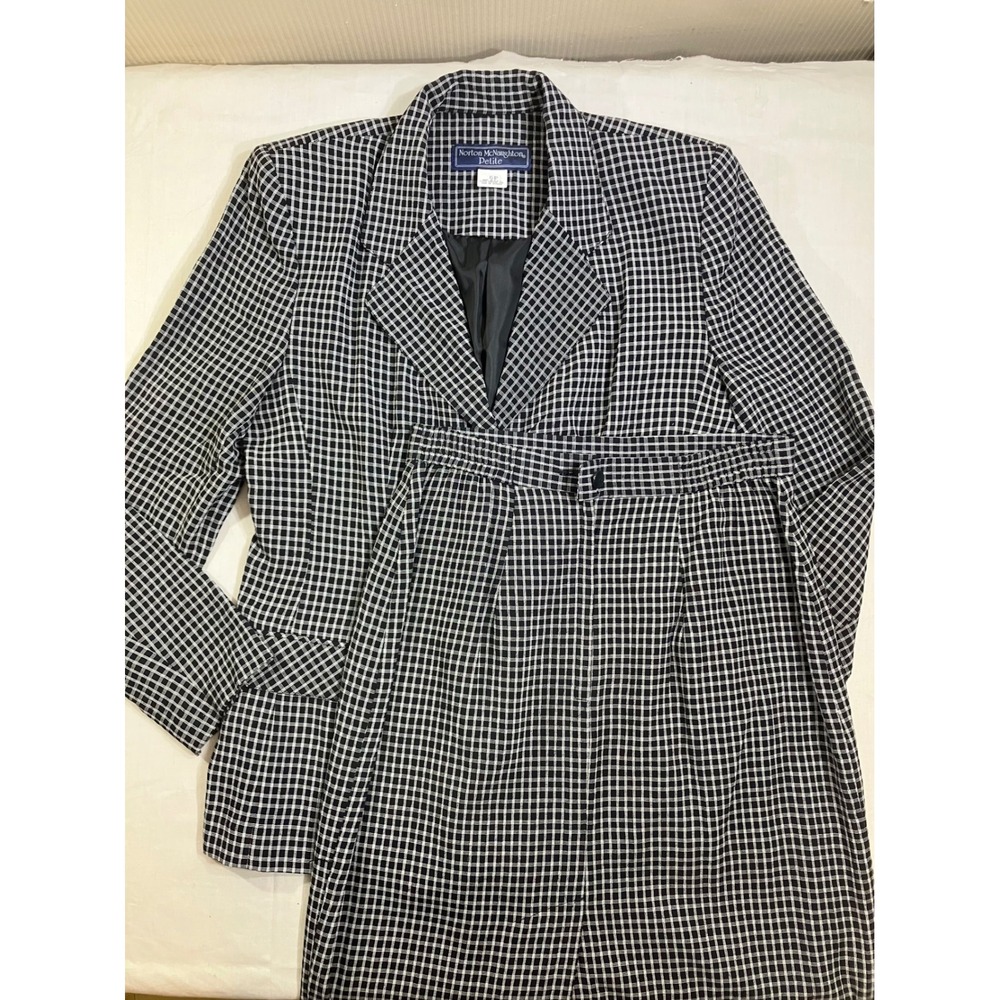 Norton McNaughton Petite 6P Gingham‎ Skirt Suit Set Black White 3 Button Blazer
